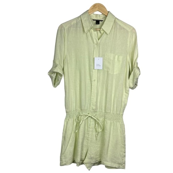 NEW Victoria's Secret 100% Linen Light Yellow/Green Tie Waist Smocked Romper‎ 10 - Picture 1 of 6